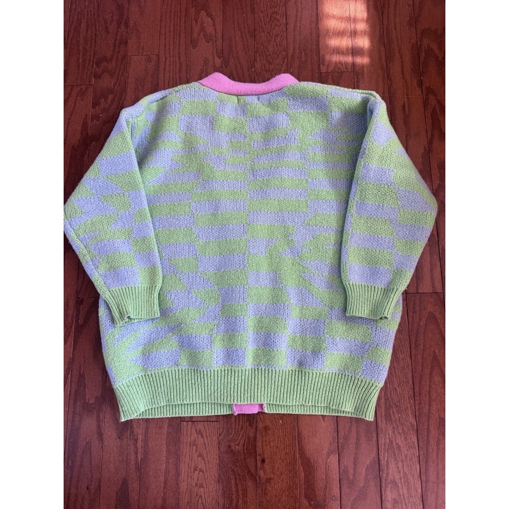 Listicle Dopamine Cardigan S Green Blue Checker Pink Trim Chunky Knit - Picture 2 of 8